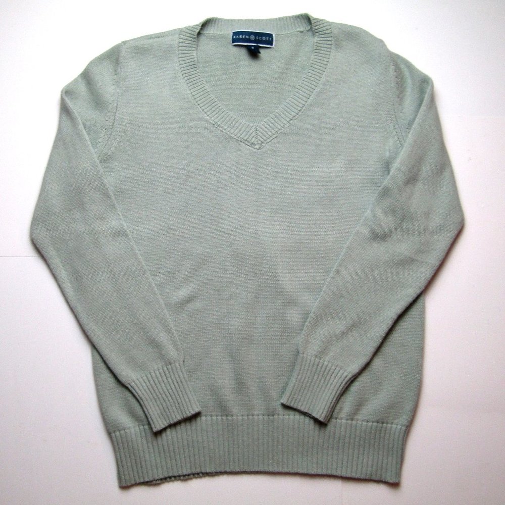 KAREN SCOTT Women's Size Small Mint Green Knit Cotton Sweater V-Neck Long Sleeve